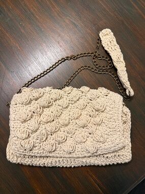 Handmade Crochet Cream Shoulder Bag with Chain Strap